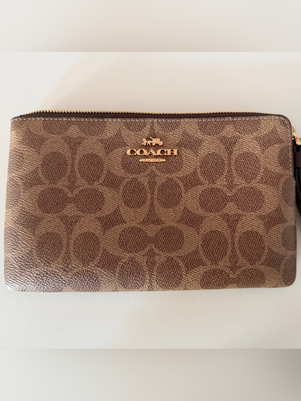 Coach Brown Signature Canvas Zip Wristlet with Gold Logo